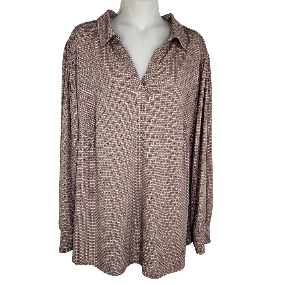 Adrianna Papell Womens Blouse Beige Geometric Print Long Sleeve Knit Collared 2X